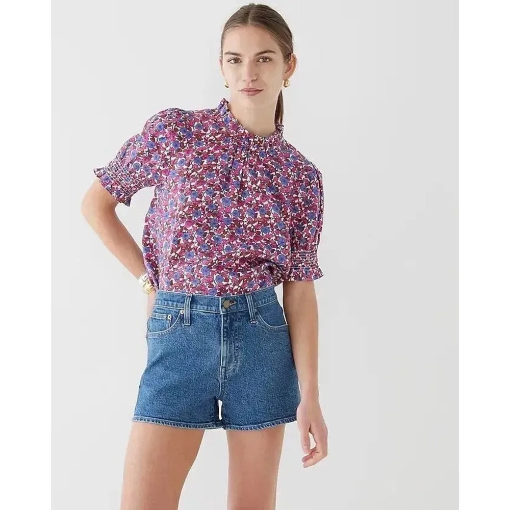J.Crew Ruffle Neck 100% Linen Blouse Floral Smocked Puff Sleeve Pink Purple L